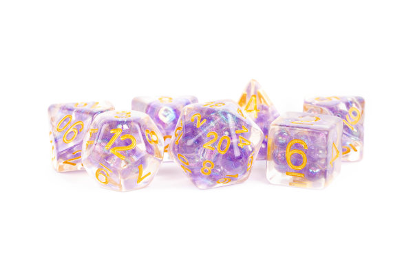 16mm Resin Poly Dice Set Pearl Purple with Gold Numbers (7)