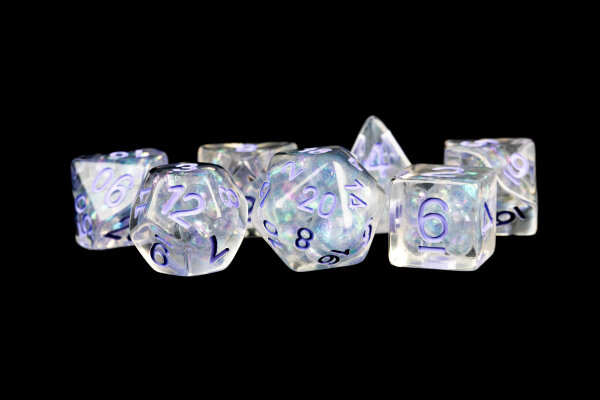 16mm Resin Poly Dice Set Pearl with Purple Numbers (7)