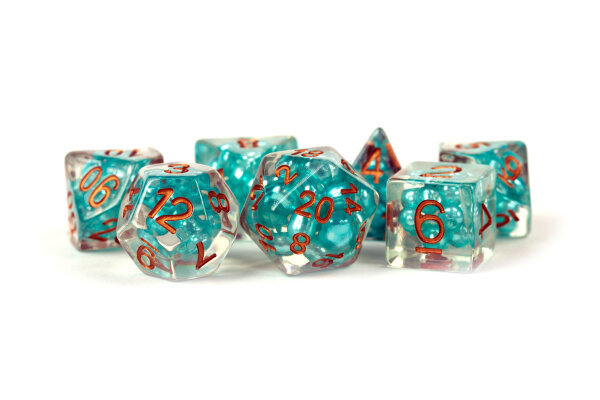 16mm Resin Pearl Dice Poly Set Teal with Copper Numbers (7)