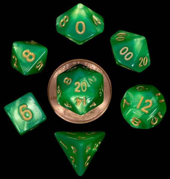 Mini Polyhedral Dice Set Green/Light Green with Gold Numbers (7)