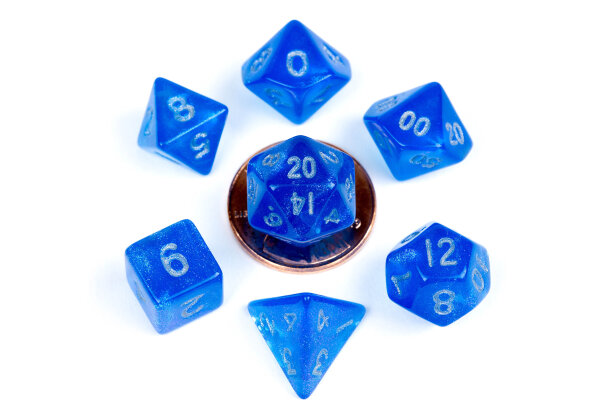 10mm Mini Stardust Acrylic Poly Dice Set Blue with Silver Numbers (7)