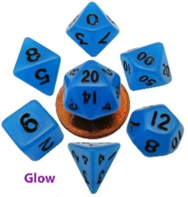 Mini Polyhedral Dice Set Glow Blue with Black Numbers (7)