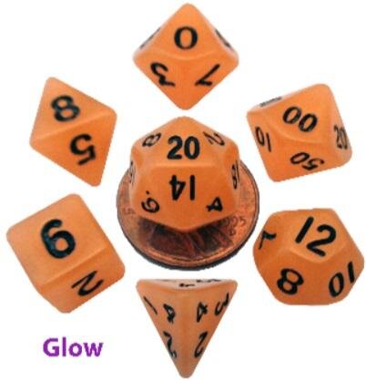 Mini Polyhedral Dice Set Glow Orange with Black Numbers (7)