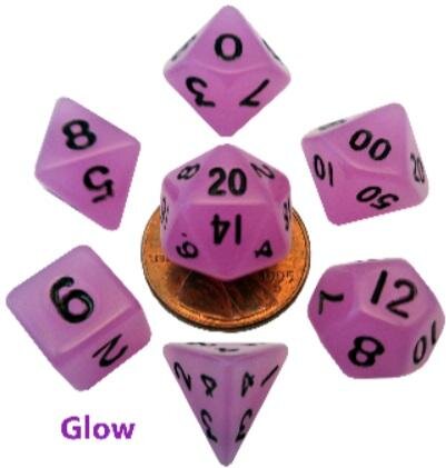 Mini Polyhedral Dice Set Glow Purple with Black Numbers (7)