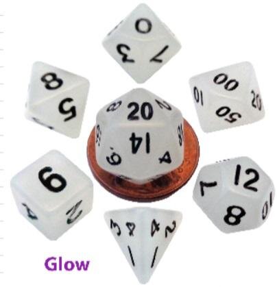 Mini Polyhedral Dice Set Glow Clear with Black Numbers (7)