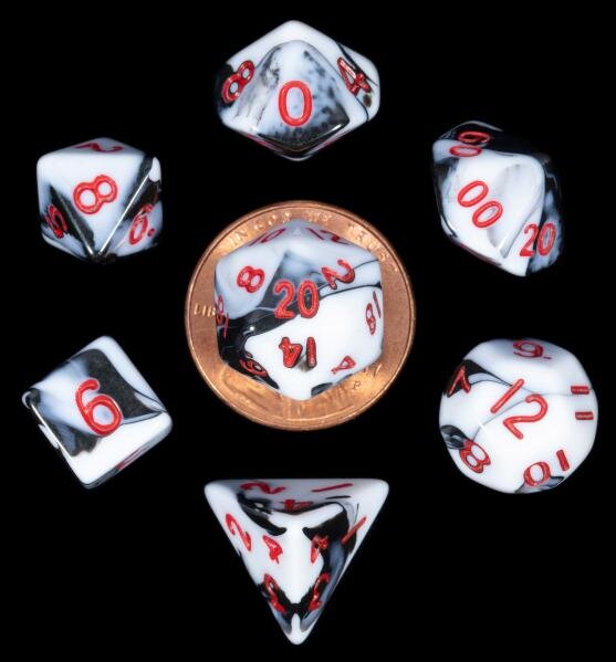 Mini Polyhedral Dice Set Marble with Red Numbers (7)