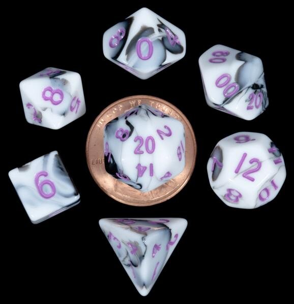 Mini Polyhedral Dice Set Marble with Purple Numbers (7)