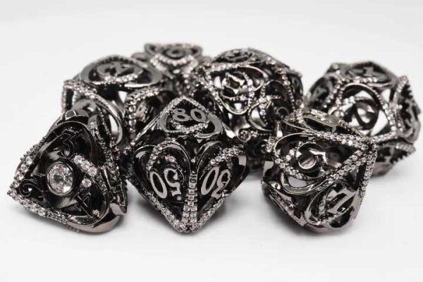 Midnight Metal Jeweled Hollow Hearts Metal RPG Dice Set (7)