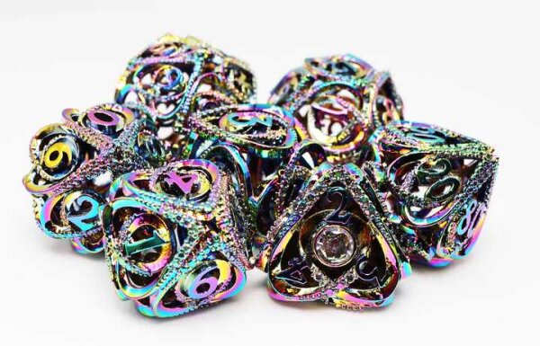 Burnt Opal Jeweled Hollow Hearts Metal RPG Dice Set (7)
