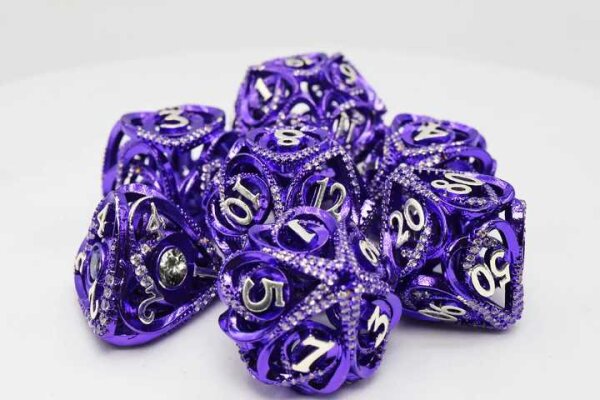 Purple Jeweled Hollow Hearts Metal RPG Dice Set (7)