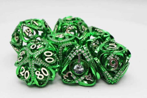 Green Jeweled Hollow Hearts Metal RPG Dice Set (7)
