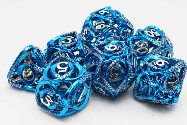 Blue Jeweled Hollow Hearts Metal RPG Dice Set (7)