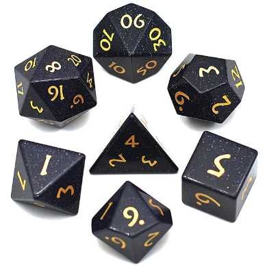 Blue Sandstone Gemstone Engraved with Gold RPG Dice Set (7)
