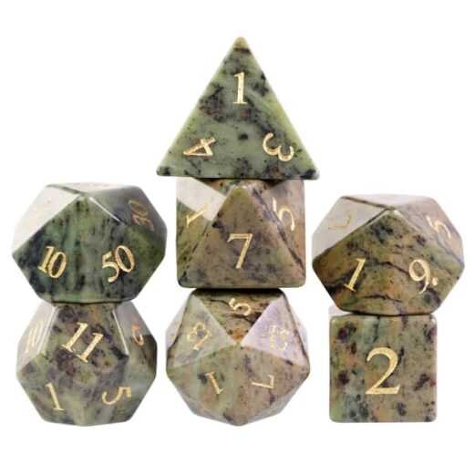 Dark Jasper Semiprecious Gemstone Engraved with Gold RPG Dice Set (7)