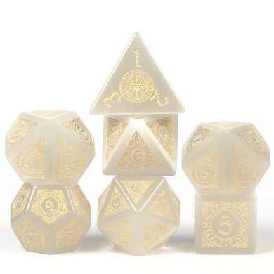 Cats Eye White with Runes Gemstone Engraved with Gold RPG Dice Set (7)