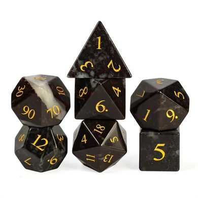 Chicken-Blood Stone Gemstone Engraved with Gold RPG Dice Set (7)