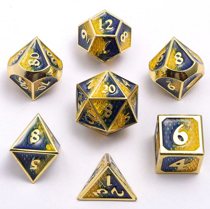 Mini Behemoth Metal RPG Dice Set Gold w/Yellow & Blue (7)