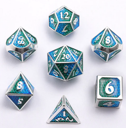 Mini Behemoth Metal RPG Dice Set Silver w/Blue & Green (7)