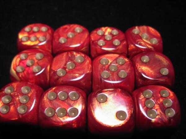 Chessex 16mm d6 with pips Dice Blocks (12 Dice) - Scarlet/Gold Scarab