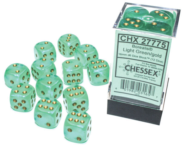Chessex Borealis 16mm d6 Light Green/gold Luminary Dice Block (12 dice)