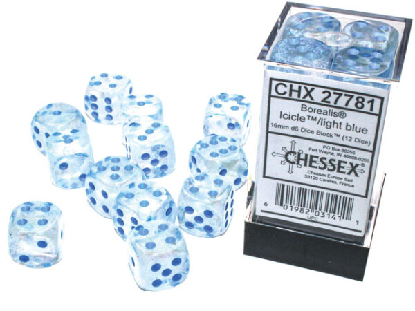 Chessex Borealis 16mm d6 Icicle/light blue Luminary Dice Block (12 dice)
