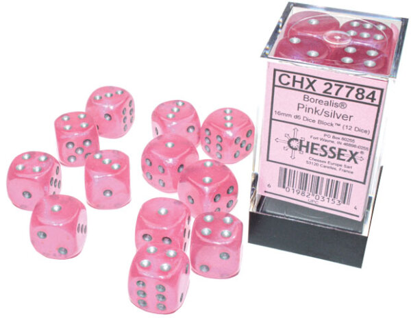 Chessex Borealis 16mm d6 Pink/silver Luminary Dice Block (12 dice)