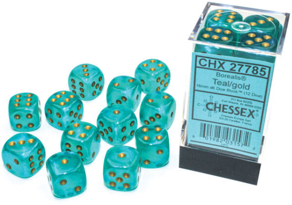 Chessex Borealis 16mm d6 Teal/gold Luminary Dice Block (12 dice)