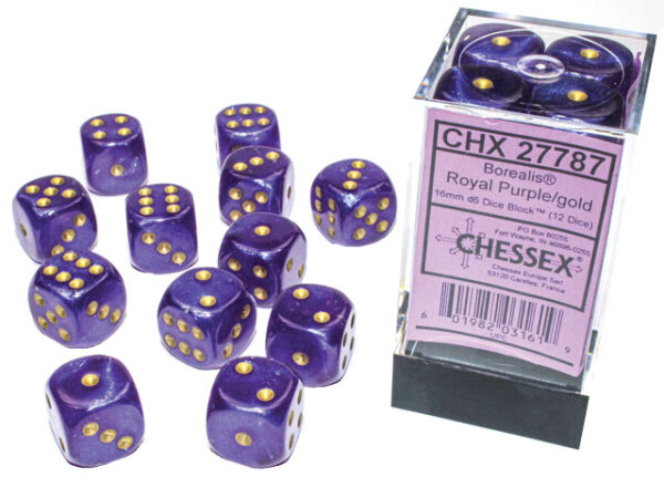 Chessex Borealis 16mm d6 Royal Purple/gold Luminary Dice Block (12 dice)