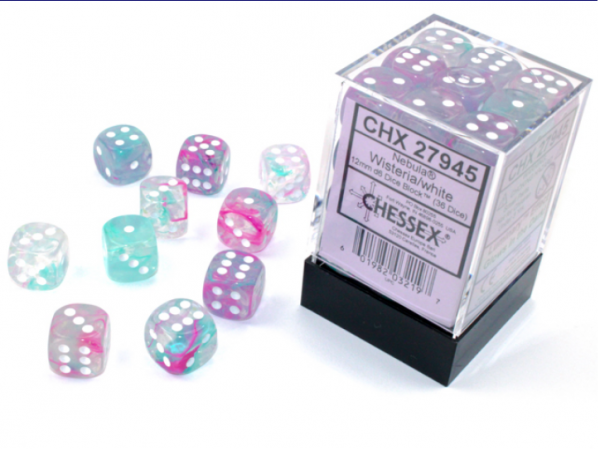 Chessex Nebula 12mm d6 Wisteria/white Luminary Dice Block (36 Dice)
