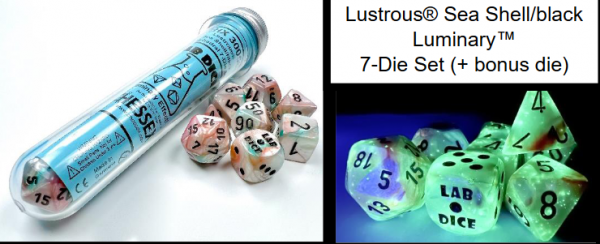 Chessex Lab Dice 6 Lustrous Polyhedral Sea Shell/Black Luminary 7-Die Set