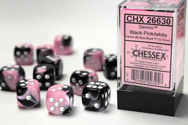 Chessex Dice Sets Black-Pink/White Gemini 16mm d6 (12)