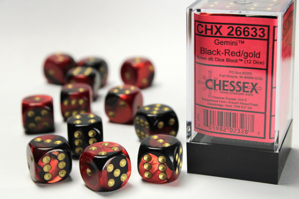 Chessex Dice Sets Black-Red/Gold Gemini 16mm d6 (12)