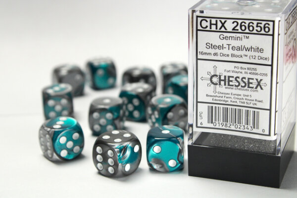 Chessex Dice Sets Gemini 6 16mm d6 Steel-Teal/White (12)