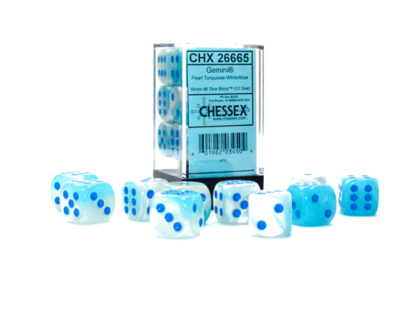 Chessex Gemini 16mm d6 Pearl Turquoise-White/blue Luminary Dice Block (12 dice)