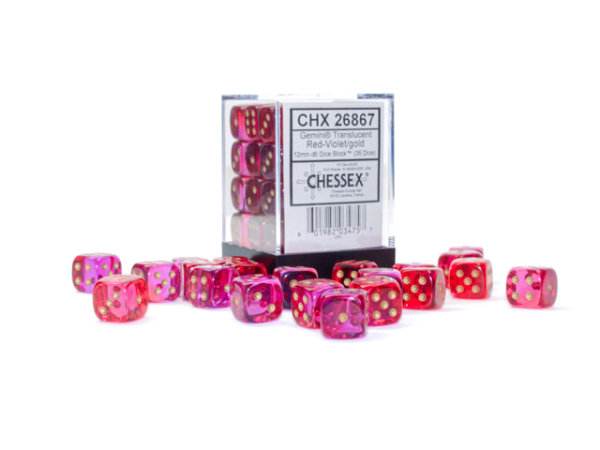 Chessex Gemini 12mm d6 Translucent Red-Violet/gold Dice Block (36 dice)