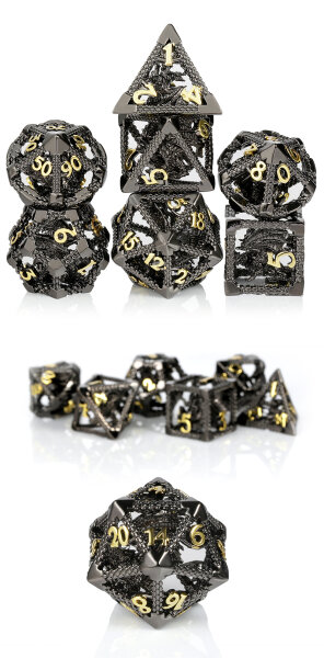 Hollow Dice Set (7) Dragon Cage Black & Gold
