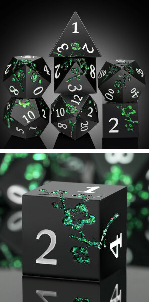 Metal & Enamel Dice Set (7) Sakura Black & Green
