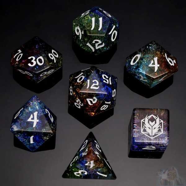 Dragons Hoard Gemstone Polyhedral Dice Set: Blasted Rainbow Glass