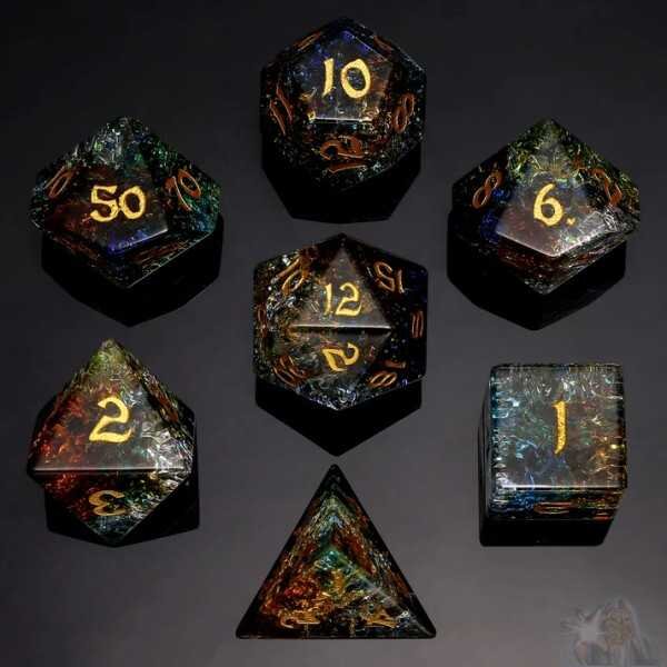 Dragons Hoard Gemstone Polyhedral Dice Set: Blue & Brown & Green Three Tone Glass