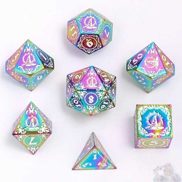 Wizard Solid Metal Polyhedral Dice Set: Rainbow w/White (7)