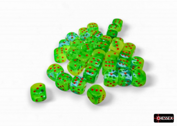 Chessex Gemini 12mm d6 Plasma Green-Teal/orange Luminary Dice Block (36)