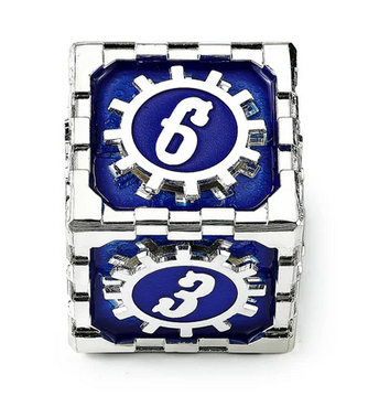 35mm Mythic Size Cogcraft Fidget D6 Tesla Blue and Silver