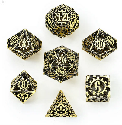 Hollow Metal Cog Themed Dice Set Gold (7)