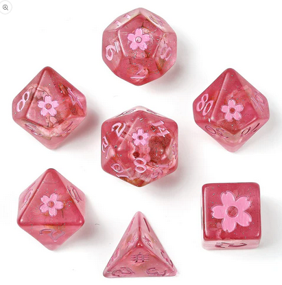 Round Edge Sakura Blossom Resin Polyhedral Dice Set Pink Ink (7)