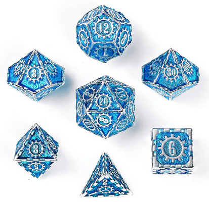 Solid Metal Cogcraft Polyhedral Dice Set Tesla Blue and Silver (7)