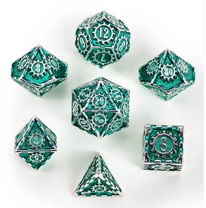 Solid Metal Cogcraft Polyhedral Dice Set Time Machine Green and Silver (7)