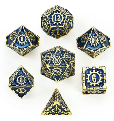 Solid Metal Cogcraft Polyhedral Dice Set Vault Dweller Blue and Gold (7)