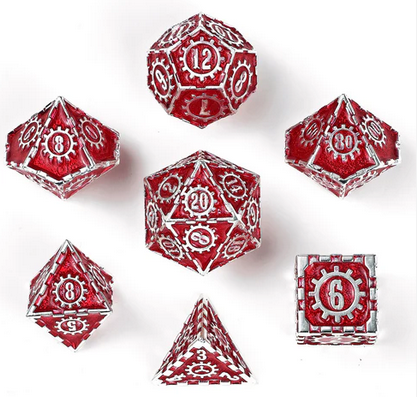 Solid Metal Cogcraft Polyhedral Dice Set Vernmillion Red and Silver (7)