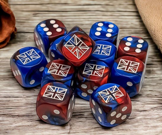 Chessex 16mm WWII Dice United Kingdom Gemini Blue-Red/White (12)