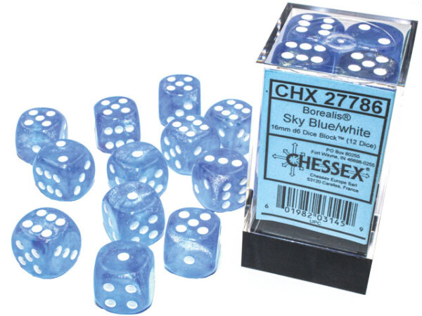 Chessex Borealis 16mm d6 Sky Blue/white LuminaryDice Block (12 dice)